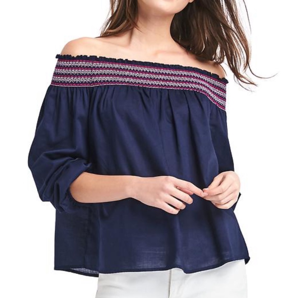 Navy with pink neckline off shoulder blouse
